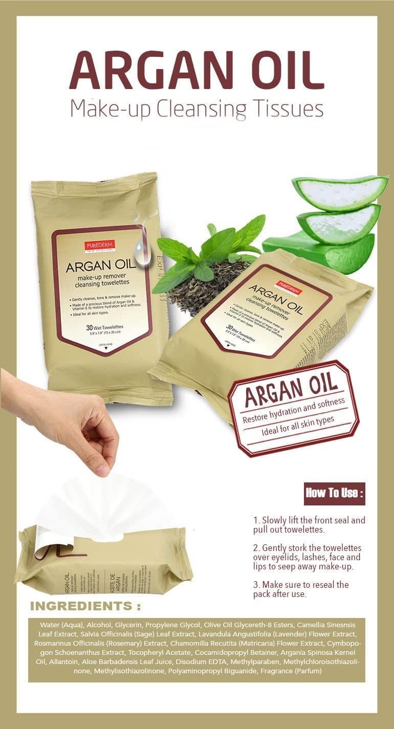 PUREDERM ARGAN OIL make-up remover cleansing towelettes 30pcs